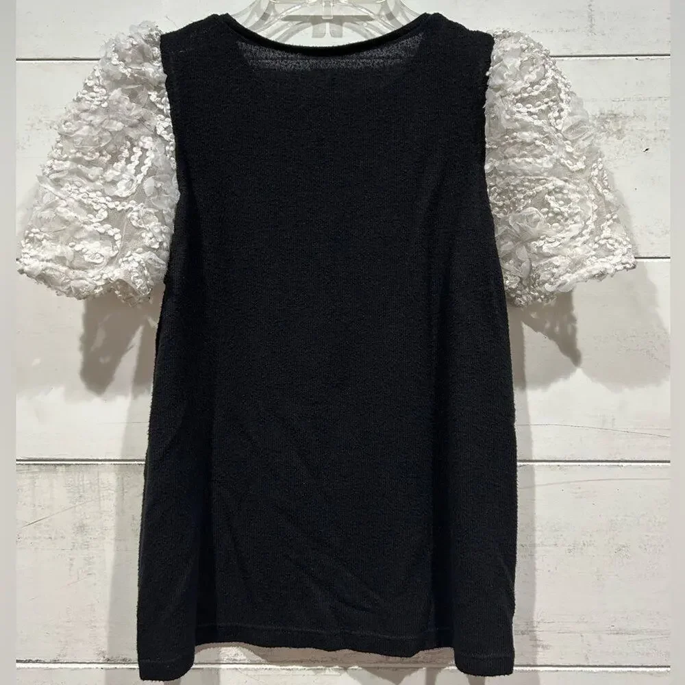 Zara Lace Organza Cap Sleeve Black & White Shirt - S